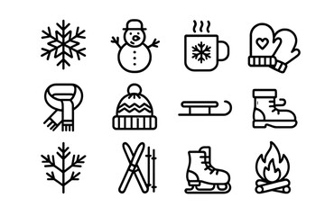 Winter icons collection: snowflake, snowman, mug, mittens, scarf, hat, sled, boots