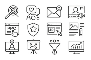 Digital marketing icon set representing online advertising and communication