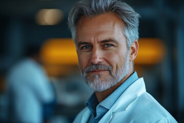 Obraz premium Smiling Male Doctor Scientist in White Coat and Safety Glasses in Modern Laboratory Setting Research Facility Expert in Biotechnology and Scientific Innovation