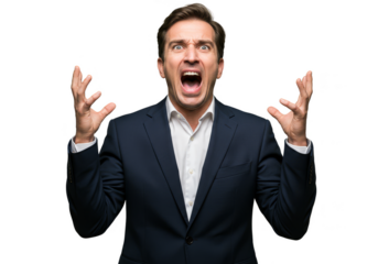 Isolated Transparent Background Portrait of Screaming Man in Formal Attire