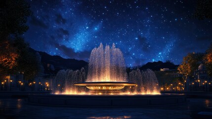Enchanting fountain under celestial canvas offering a mesmerizing vista