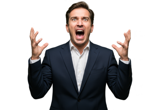 Isolated Transparent Background Portrait of Screaming Man in Formal Attire