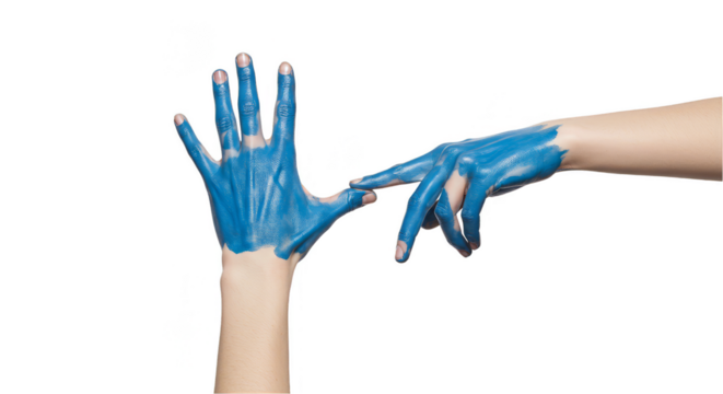 Isolated Transparent Background Showing Blue Painted Stained Hands Gesture