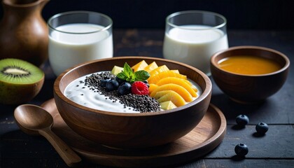 meal for breakfast, a wooden bowl of yogurt and chia seed and fruits