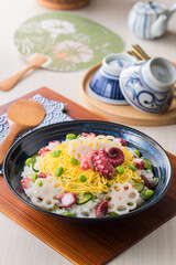 【たこのちらし寿司】酢めしに枝豆・胡瓜・蓮根とあわせて楽しむ蛸のちらし寿司。7月2日前後は半夏生。夏に体力をつける意味で蛸を食べる日です。