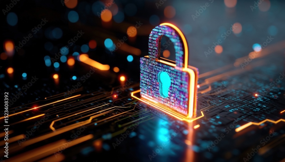 Aufkleber Glowing digital lock with binary code on circuit board, representing online security and data protection in cyberspace