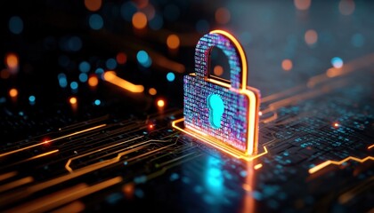 Glowing digital lock with binary code on circuit board, representing online security and data protection in cyberspace