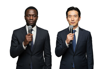 Isolated Two Men Holding Microphone Wearing Suit with Tie on Transparent