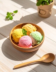 On a light colored wooden counter by a sunny window, an overhead shot of a wooden bowl of ice cream