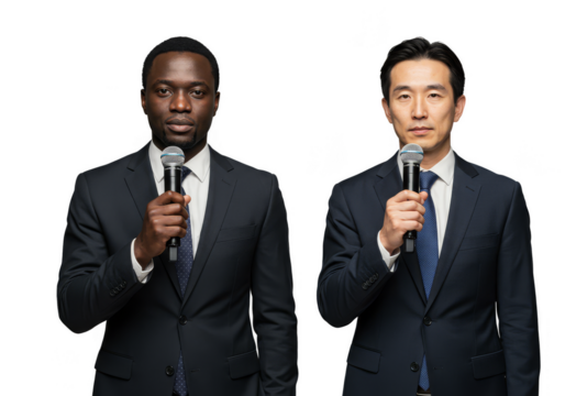Isolated Two Men Holding Microphone Wearing Suit with Tie on Transparent