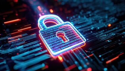 Illuminated padlock icon with binary code over circuitry and data streams represents advanced cybersecurity and data protection