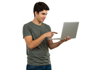 Isolated Young Man Pointing at Laptop with Transparent Background