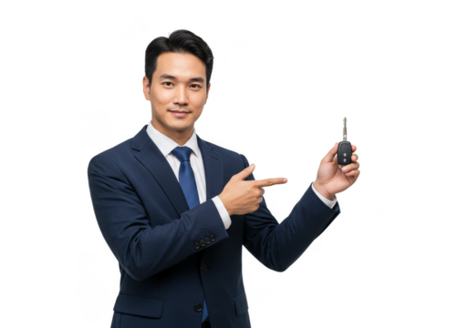 Isolated Young Man Pointing to Car Key in Hand with Transparent BG
