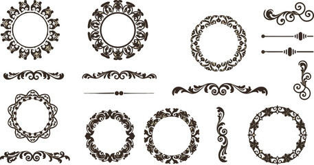 Vintage ornate floral round frames and decorative corner elements vector set 