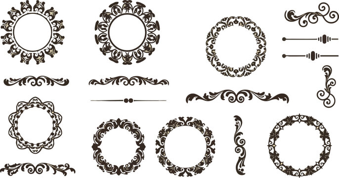 Vintage ornate floral round frames and decorative corner elements vector set 