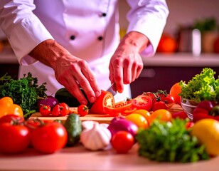 Chef's hands cutting vegetable and other vegetables and fruits, in the kitchen