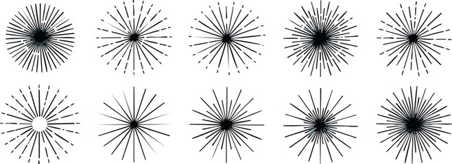 Radial Starburst Vector Set with Black Lines and Dot Patterns for Design Elements 