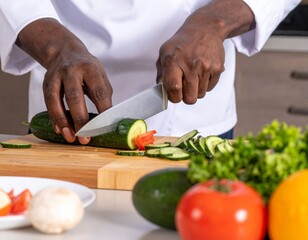 Chef's hands cutting vegetable and other vegetables and fruits, in the kitchen
