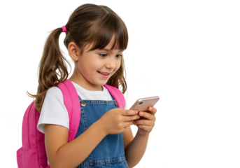 PNG Portrait of Smiling Schoolgirl with Smartphone on Transparent Background