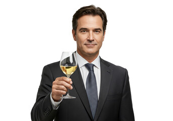 Portrait of Man In Suit Toasts With Wine Glass on Transparent Background