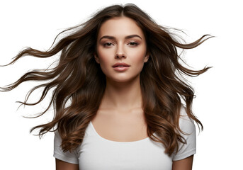Portrait of Pretty Young Woman with Wavy Brown Hair in White Dress