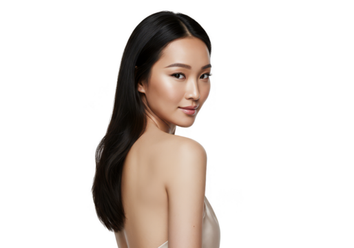 Portrait Of Elegant Asian Woman With Wet Brunette Hair And Bare Shoulder