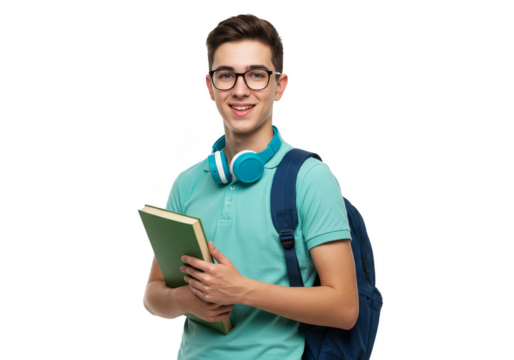 Portrait Of Male Student With Book Wearing Backpack On Transparent Background