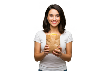 Portrait Of Young Woman Holding Bag Of Popcorn Isolated Background
