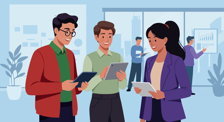 Diverse business colleagues collaborating with digital tablets in modern office setting teamwork 