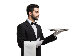 Professional Waiter Holds Silver Tray With White Glove on Transparent Background