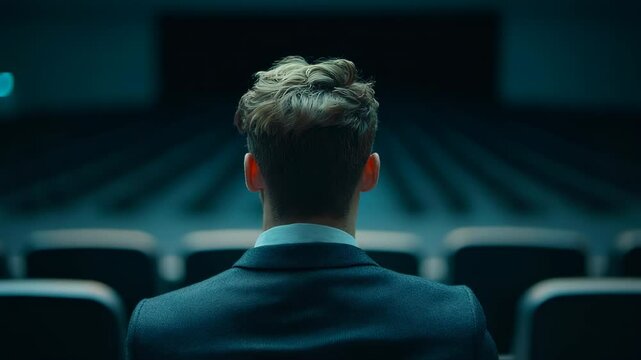 A solitary spectator absorbed in a presentation within a grand hall illuminated by warm lights, creating a sense of expectancy