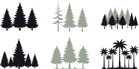 Obraz premium Pine and palm tree silhouettes collection simple nature vector design elements 
