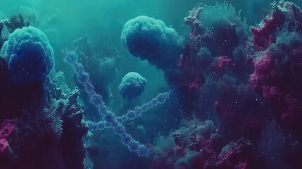 Fototapeta premium Underwater scene with vibrant, organic forms, bubbles, and structures. Deep blue and pink hues