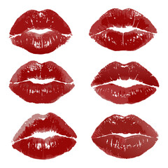 Set of six vibrant red lipstick kiss marks with varying textures on a white background