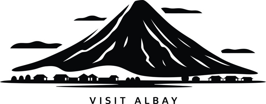 A black and white graphic of mount mayon with clouds and houses with the text visit albay below it