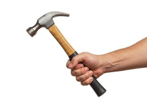 Realistic Image of Hammer Held in Strong Arm Construction and Repair