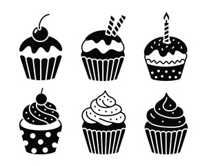 Black and White Cupcake Silhouettes with Toppings for Birthday and Celebration Designs, Stylized Black and White Cupcakes Showcasing Different Toppings for Sweet Delights