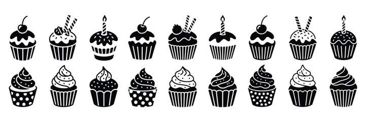 Black and White Cupcake Silhouettes with Toppings for Birthday and Celebration Designs, Stylized Black and White Cupcakes Showcasing Different Toppings for Sweet Delights