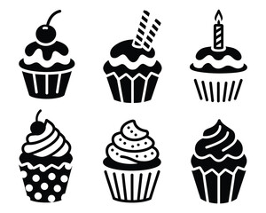 Black and White Cupcake Silhouettes with Toppings for Birthday and Celebration Designs, Stylized Black and White Cupcakes Showcasing Different Toppings for Sweet Delights