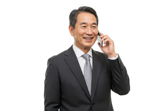 Smiling Asian Businessman in Suit Talking on Phone on Transparent Background