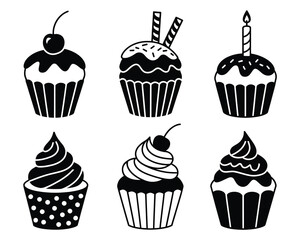 Black and White Cupcake Silhouettes with Toppings for Birthday and Celebration Designs, Stylized Black and White Cupcakes Showcasing Different Toppings for Sweet Delights