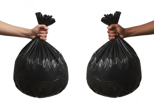 Two Hands Holding Full Black Garbage Bags on Transparent Background