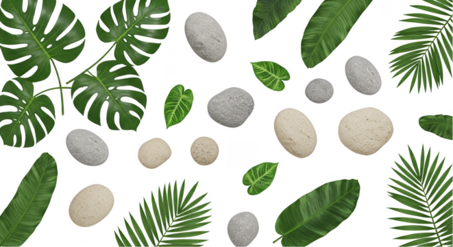 Tropical Leaves And Pebbles Pattern Background Transparent Green Botanical
