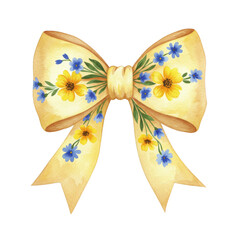 Watercolor Floral Ribbon Bow Illustration in Yellow and Blue Decoration