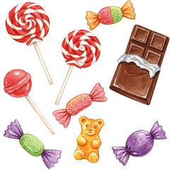 Watercolor Illustration of Candy Chocolate Lollipops and Gummy Bear Sweets
