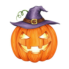 Watercolor Halloween Pumpkin with Witch Hat Illustration on Transparent