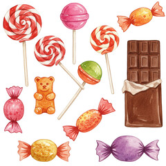 Watercolor Illustration Of Assorted Candy Chocolate Lollipops Gummy Bear