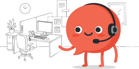 Cute orange customer support mascot with headset in office environment vector illustration 