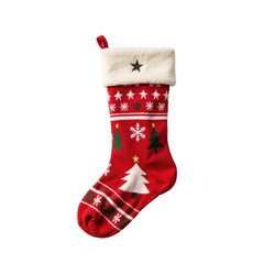 Festive christmas stocking with red and green holiday patterns, white fur cuff and star, transparent background..