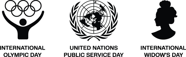 Three international day icons olympic day united nations public service day and widow's day on white